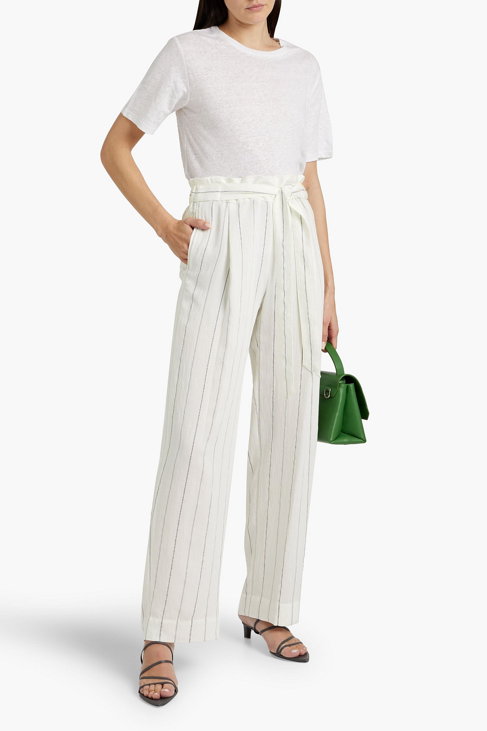 Vince Striped Crepe Wide-leg Pants In Off-white