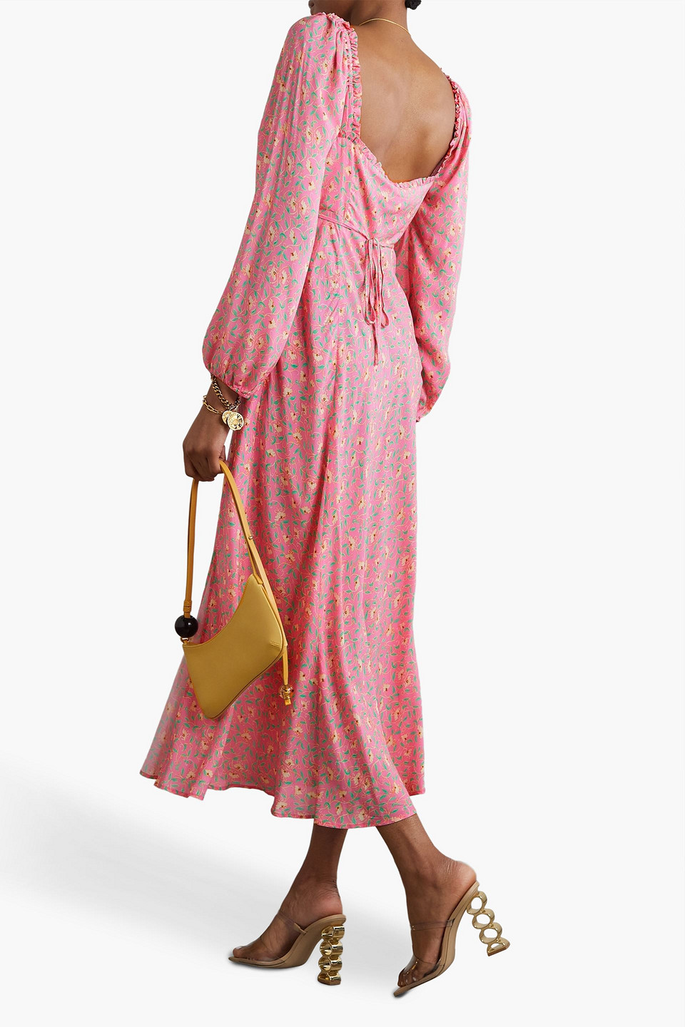 Shop Rixo London Olimani Tie-detailed Floral-print Crepe De Chine Midi Dress In Pink