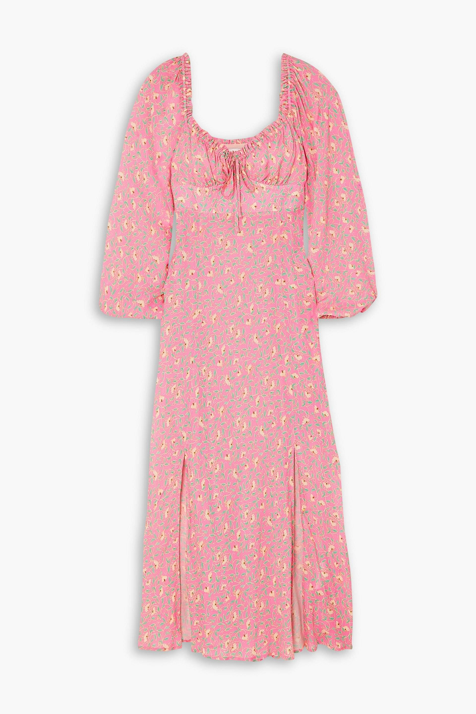 Shop Rixo London Olimani Tie-detailed Floral-print Crepe De Chine Midi Dress In Pink