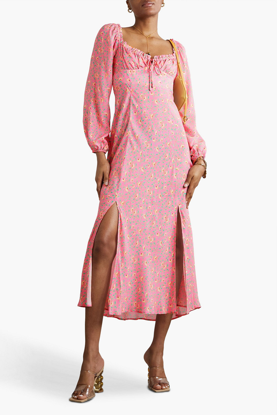 Shop Rixo London Olimani Tie-detailed Floral-print Crepe De Chine Midi Dress In Pink