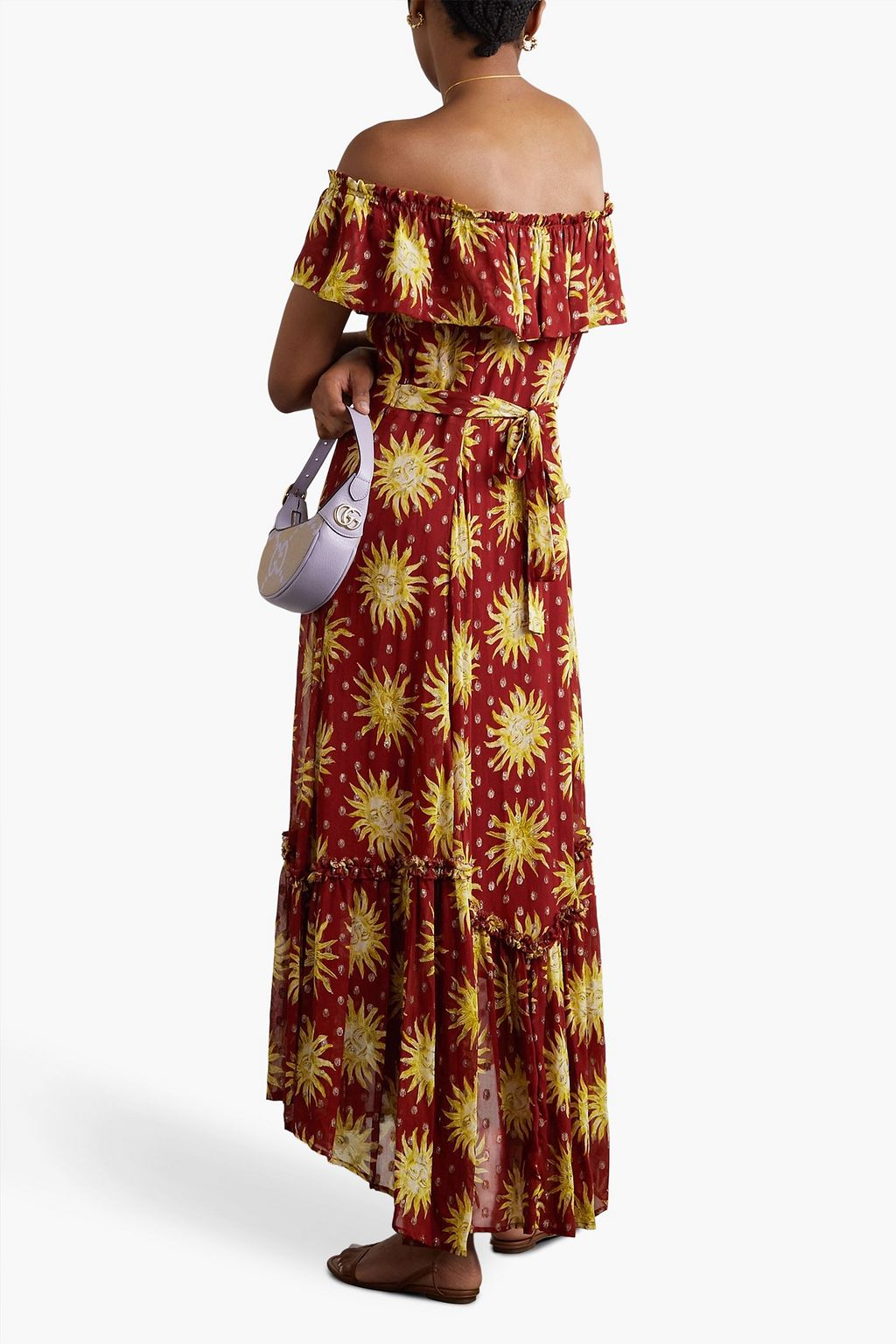 RIXO Mauve off-the-shoulder printed metallic fil coupé chiffon maxi dress