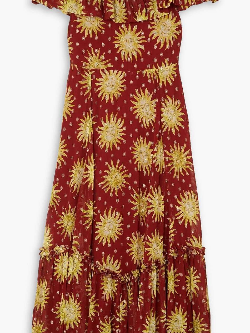 mauve off-the-shoulder printed metallic fil coupé chiffon maxi dress