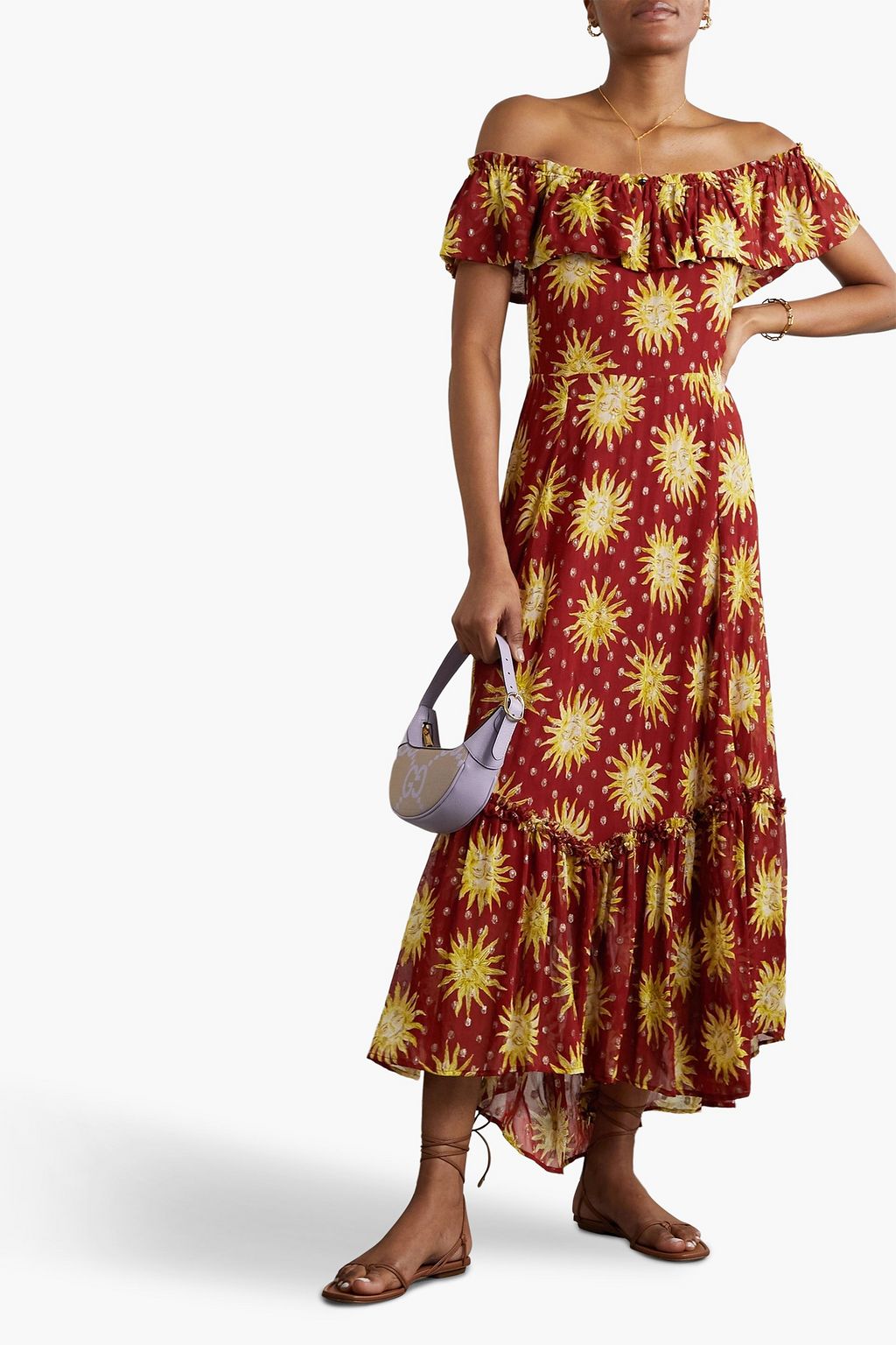 RIXO Mauve off-the-shoulder printed metallic fil coupé chiffon maxi dress