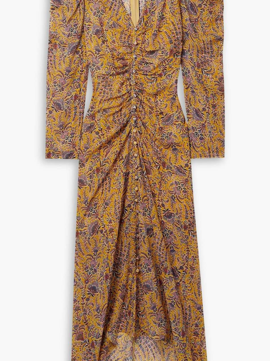 ferrara ruched printed silk-crepe maxi dress