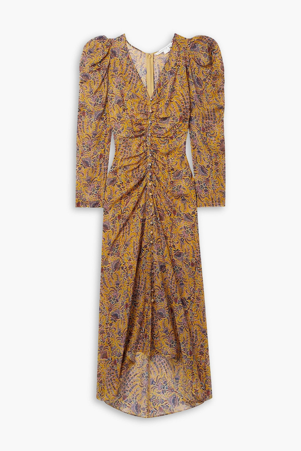 Shop Veronica Beard Ferrara Ruched Printed Silk-crepe Maxi Dress In Marigold