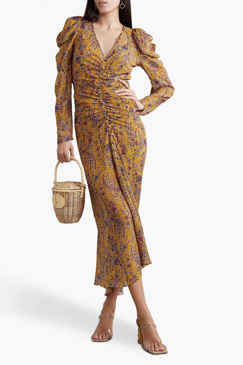 Shop Veronica Beard Ferrara Ruched Printed Silk-crepe Maxi Dress In Marigold