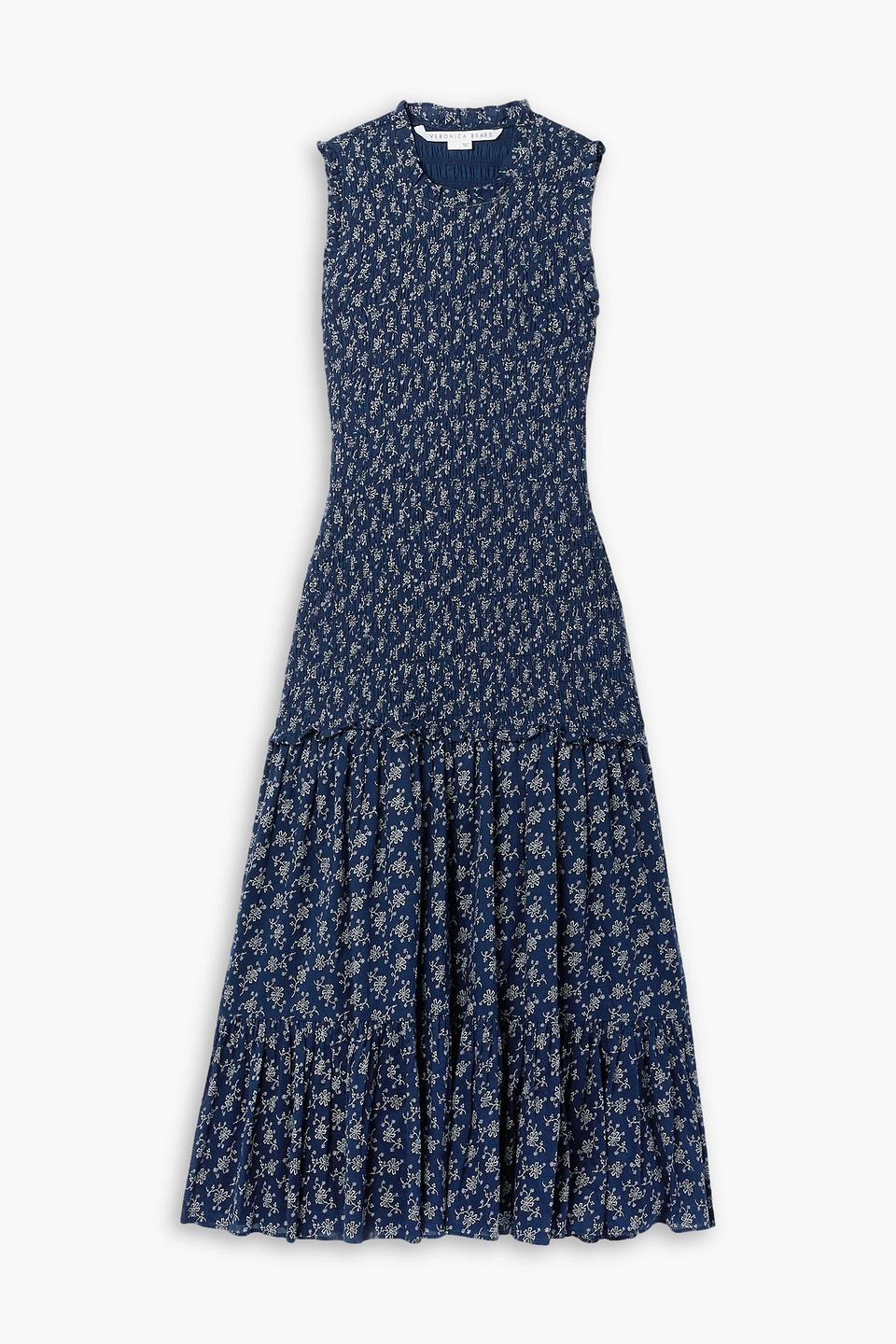 Veronica Beard Verena Floral-print Shirred Cotton Midi Dress In Navy