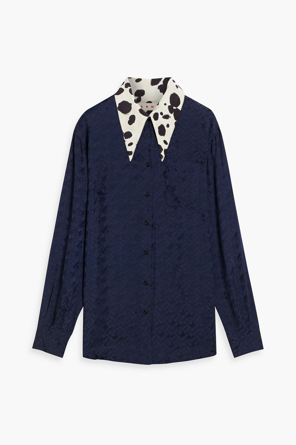 Marni Printed Crepe De Chine-trimmed Jacquard Shirt In Navy