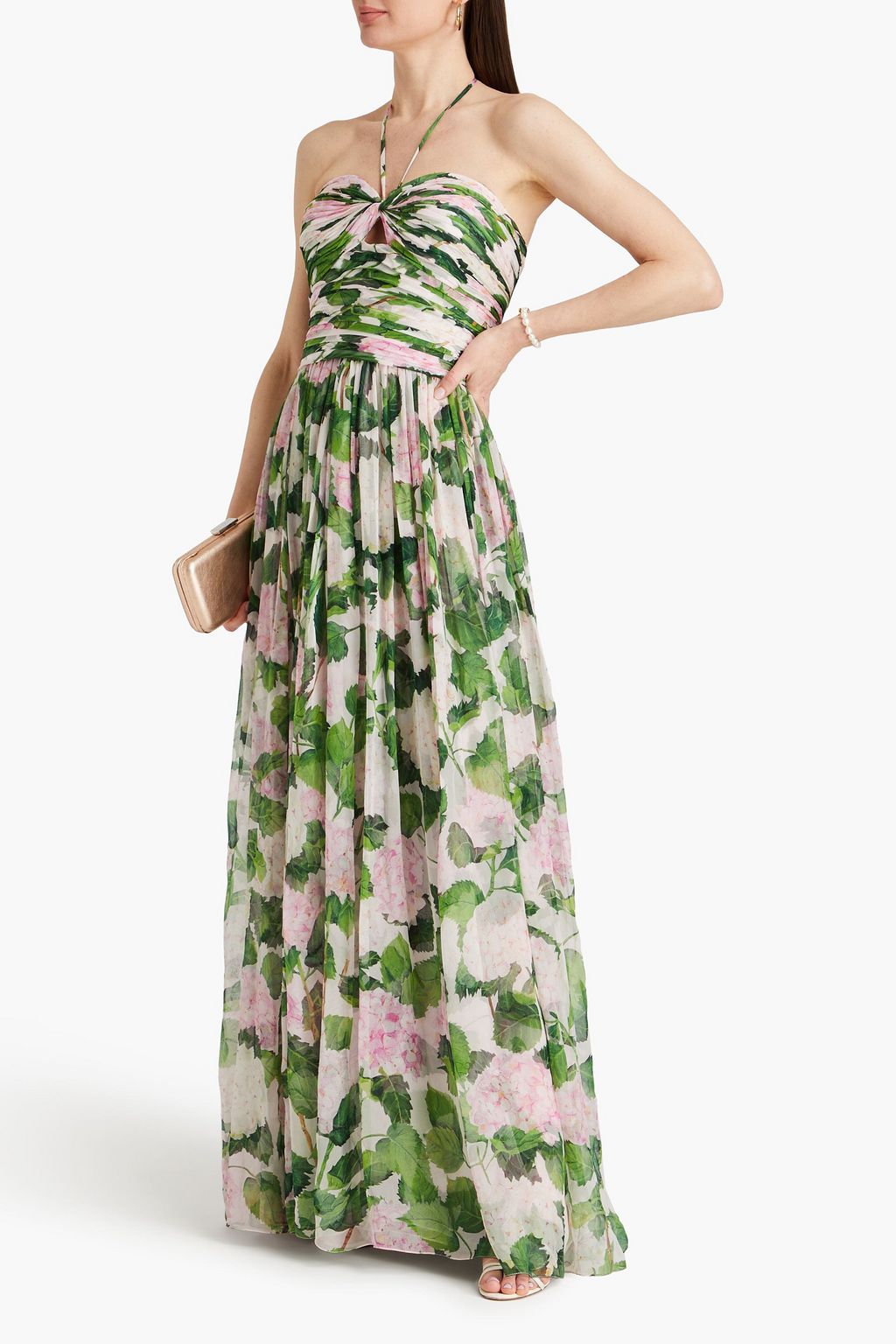 OSCAR DE LA RENTA Pleated floral-print silk-chiffon halterneck gown