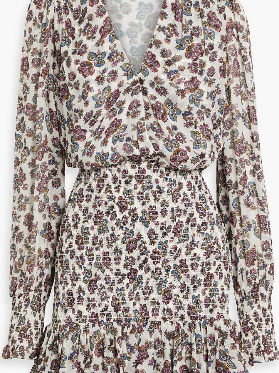 saera shirred floral-print crepe de chine mini dress