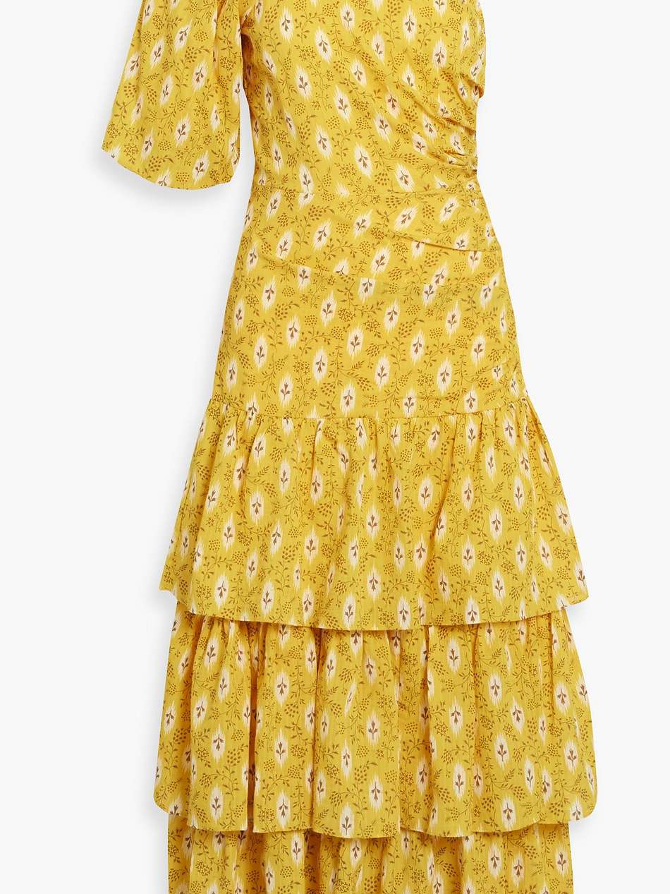 virginia one-sleeve floral-print cotton and silk-blend jacquard midi dress