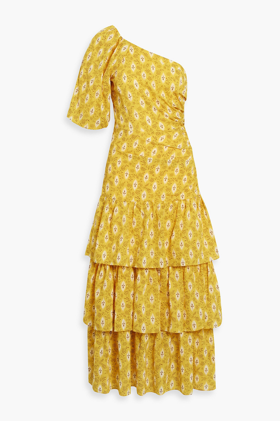 Veronica Beard Virginia One-sleeve Tiered Floral-print Cotton And Silk-blend Jacquard Midi Dress In Marigold