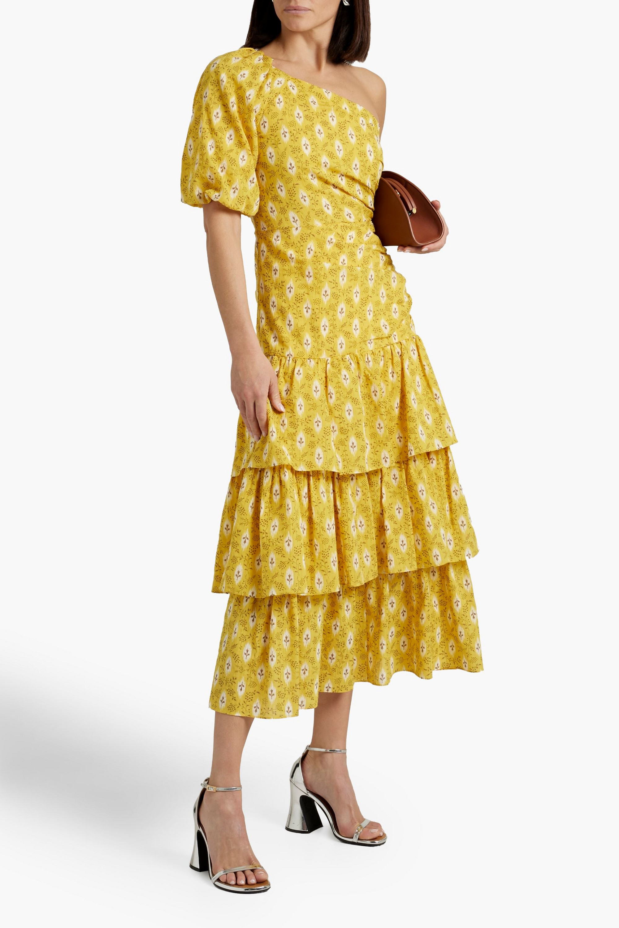 Veronica Beard Virginia one-sleeve floral-print cotton and silk-blend jacquard midi dress