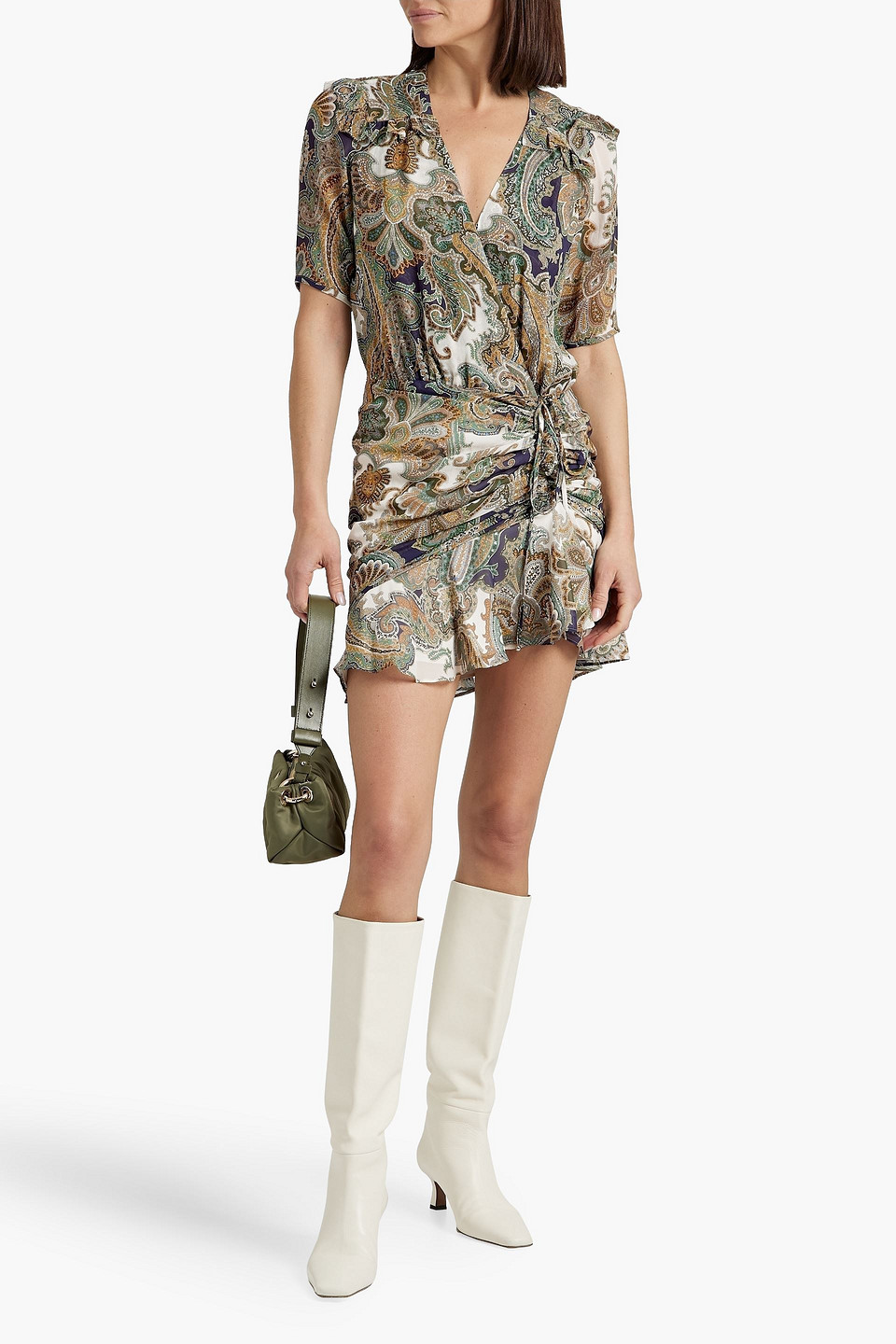 Shop Veronica Beard Dakota Ruffled Paisley-print Silk-chiffon Mini Dress In Army Green