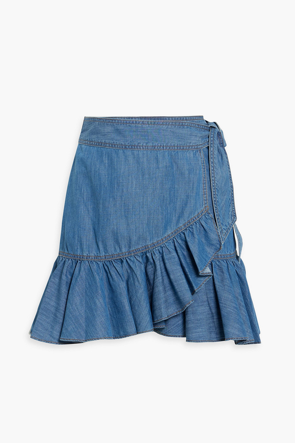 Veronica Beard Memphis Ruffled Cotton And Tencel™-blend Chambray Mini Wrap Skirt In Blue