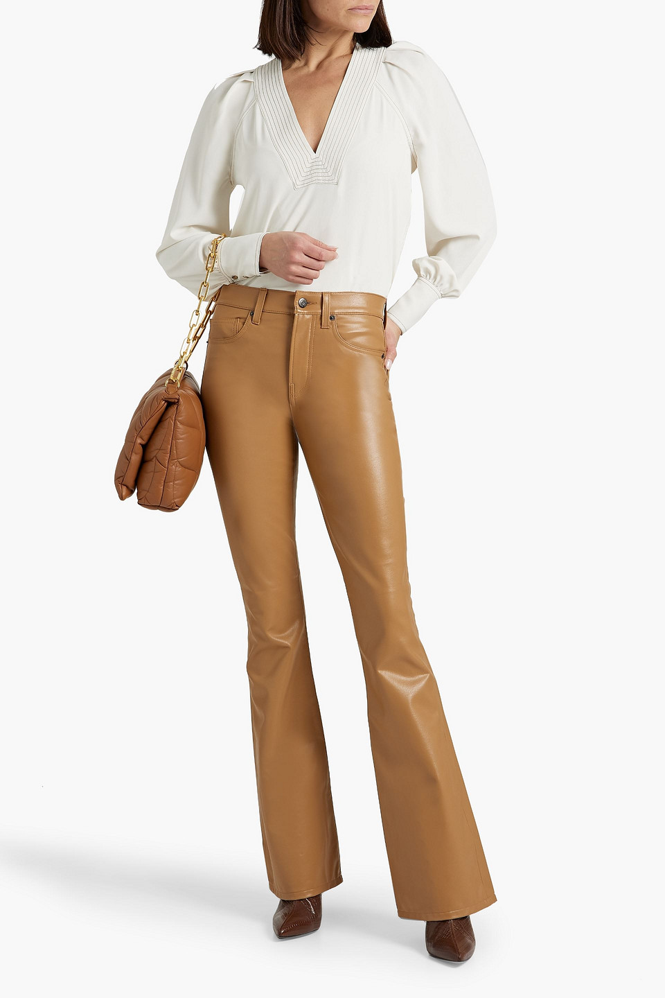 Shop Veronica Beard Beverly Faux Leather Flared Pants In Light Brown