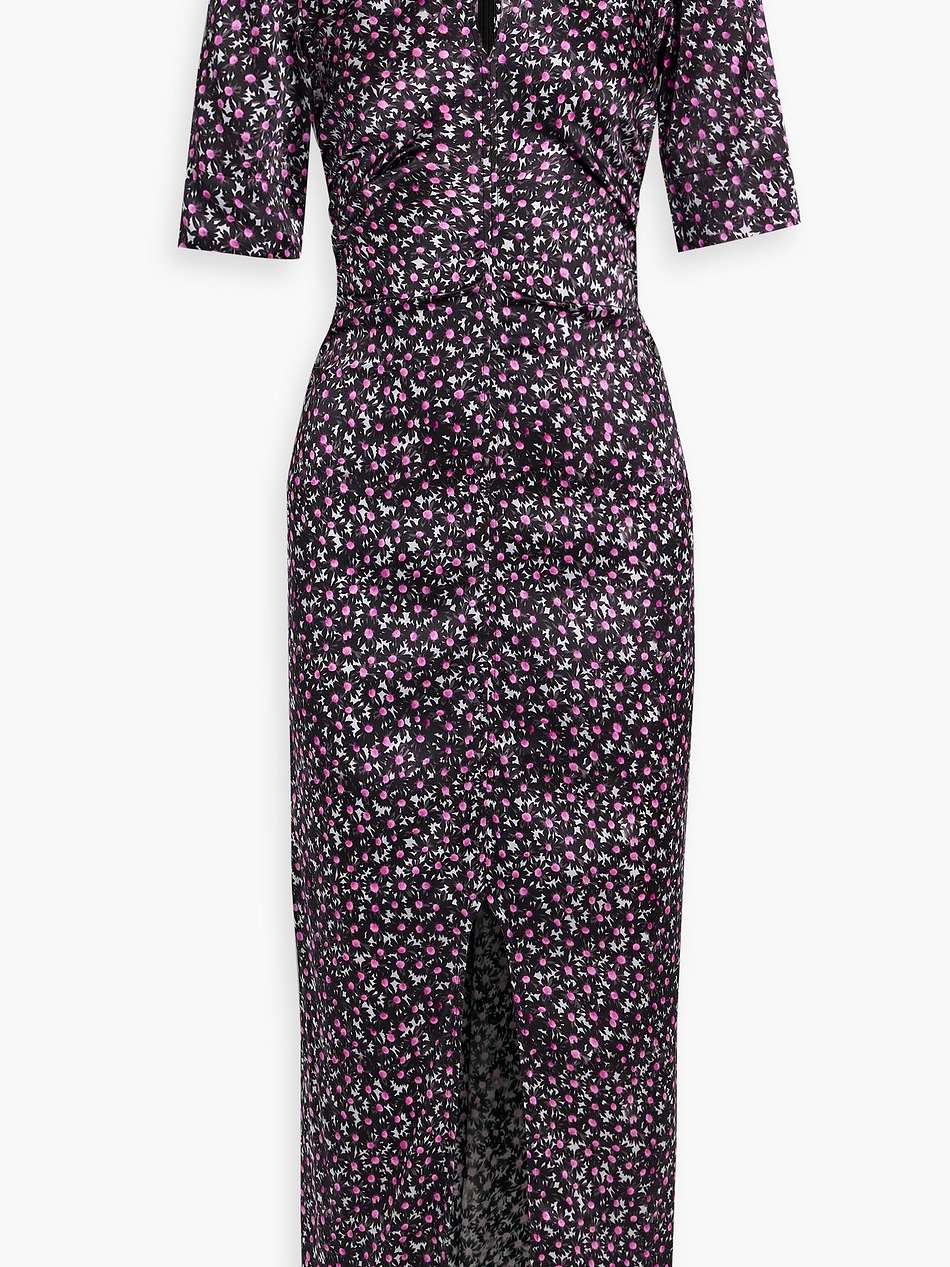 ruched floral-print stretch-silk satin midi dress