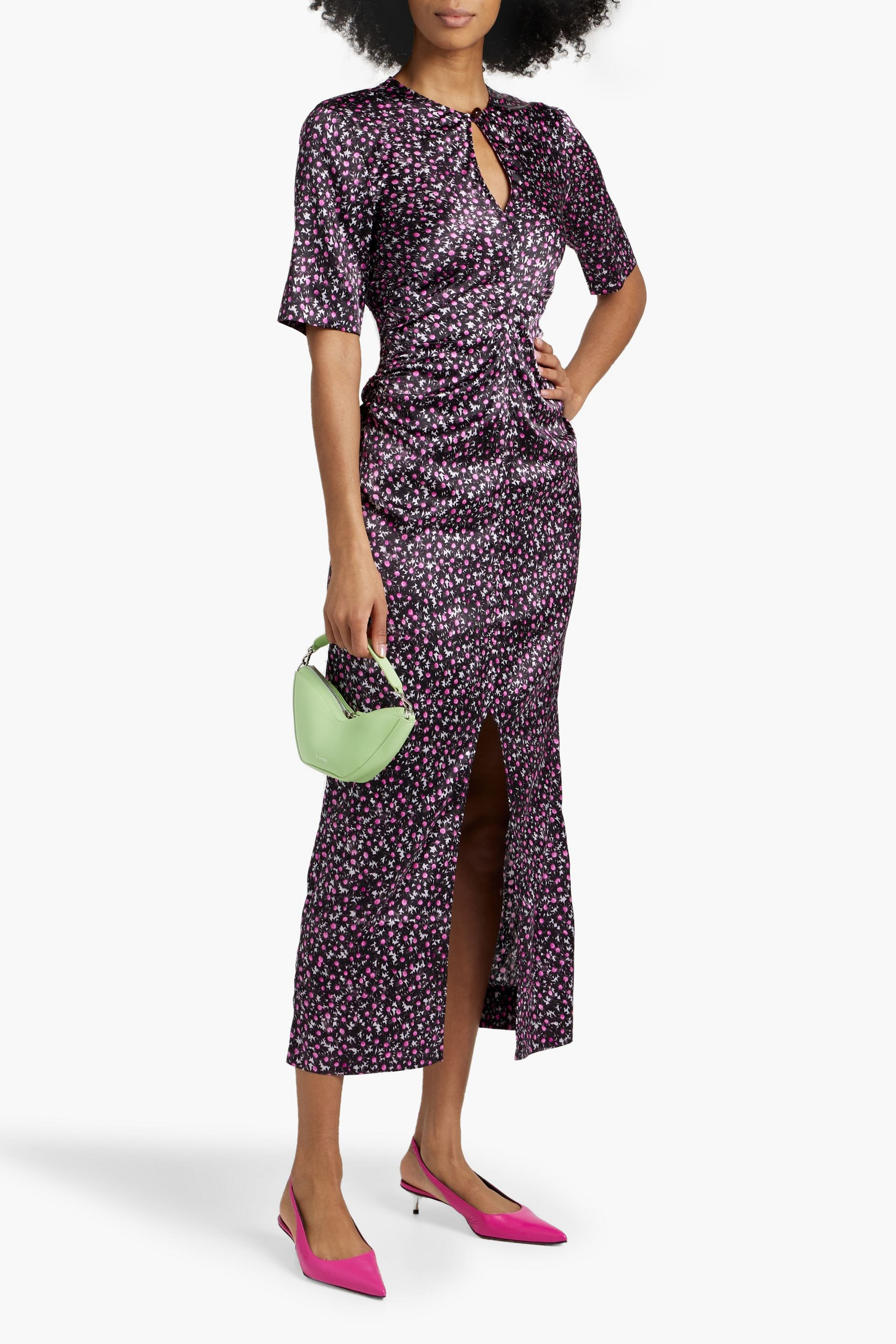 GANNI Ruched floral-print stretch-silk satin midi dress