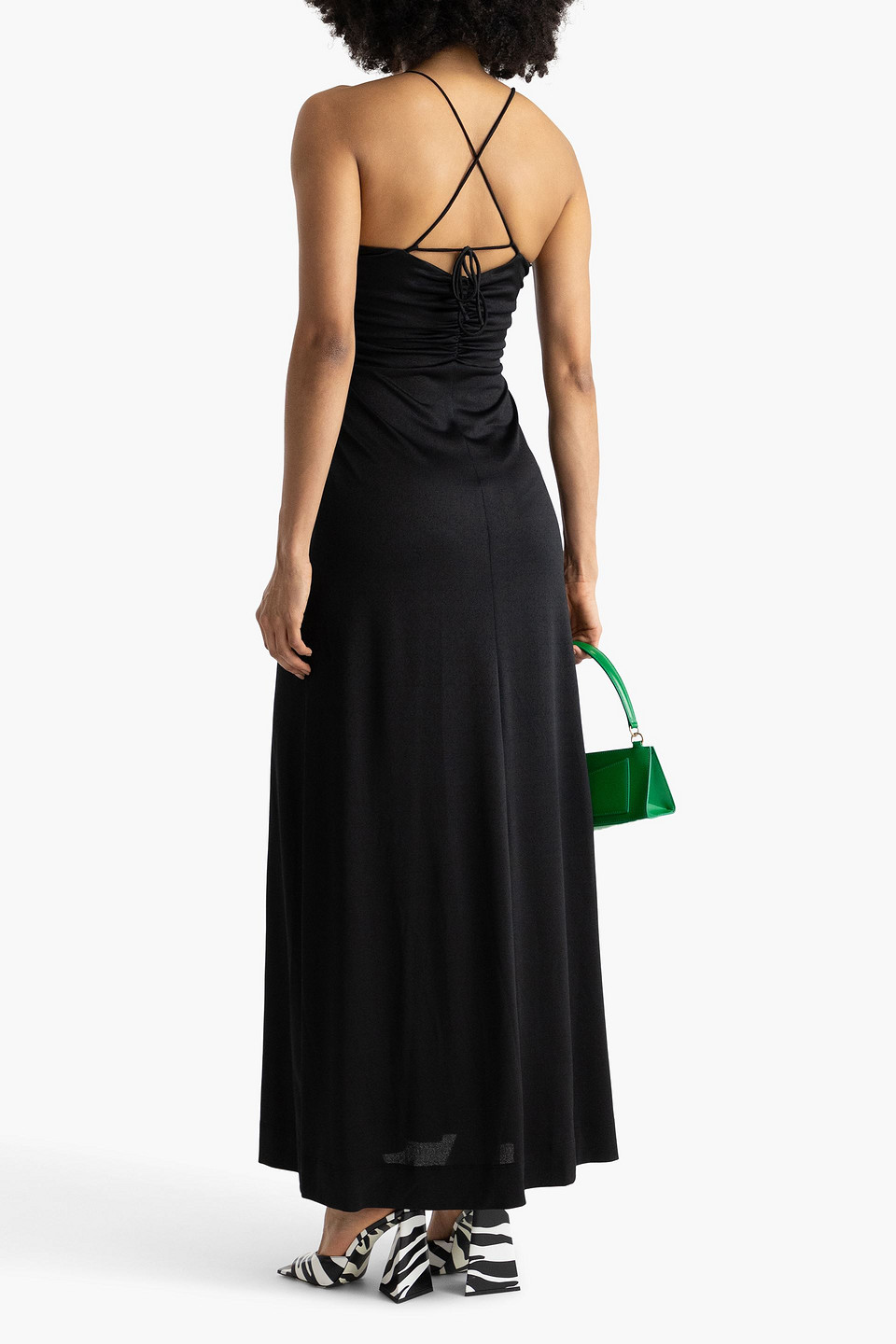 Shop Ganni Ruched Cutout Crepe Maxi Dress In Black