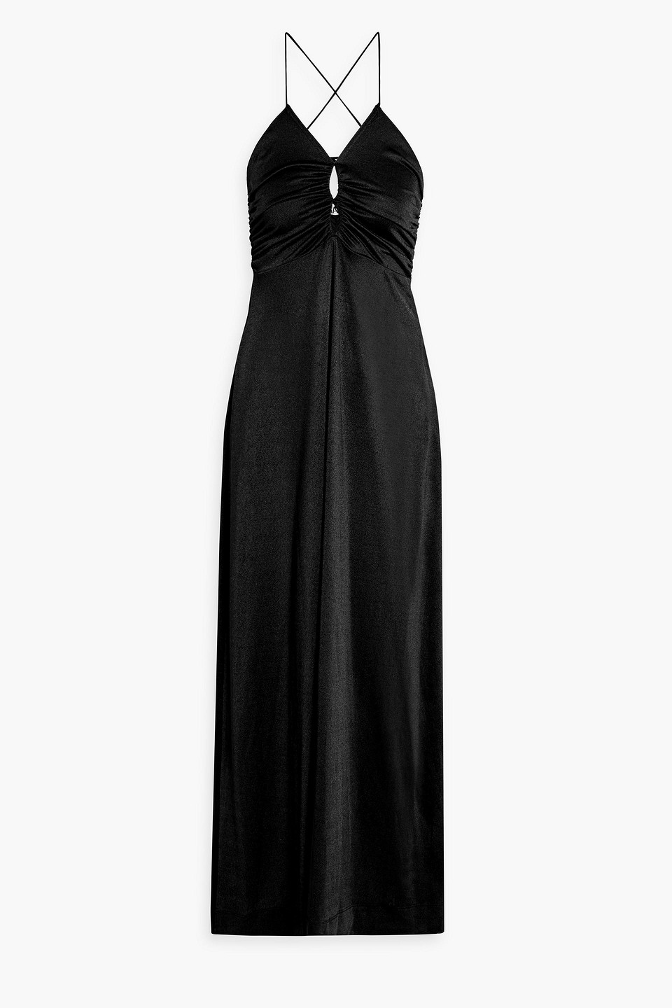 Shop Ganni Ruched Cutout Crepe Maxi Dress In Black