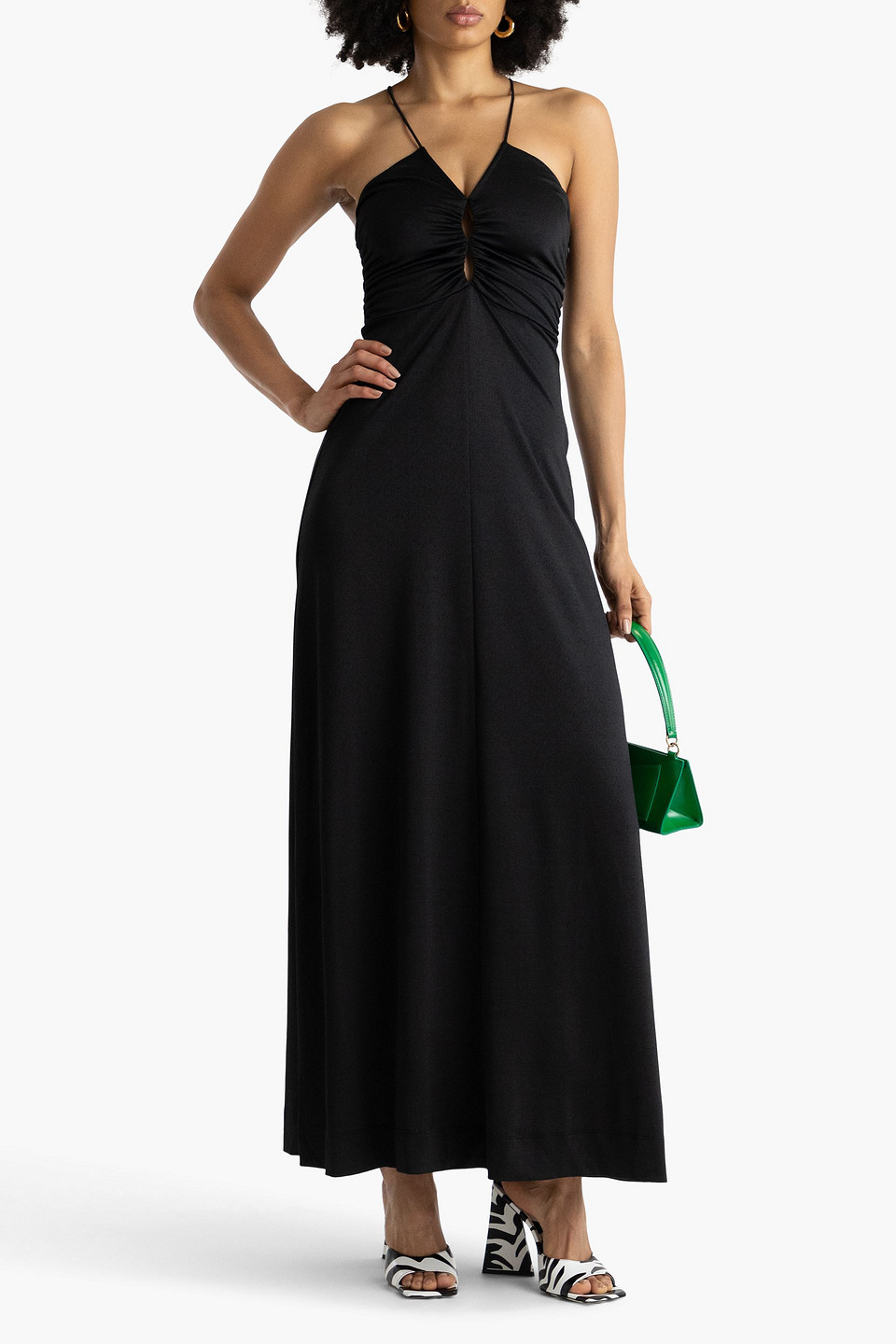 Shop Ganni Ruched Cutout Crepe Maxi Dress In Black