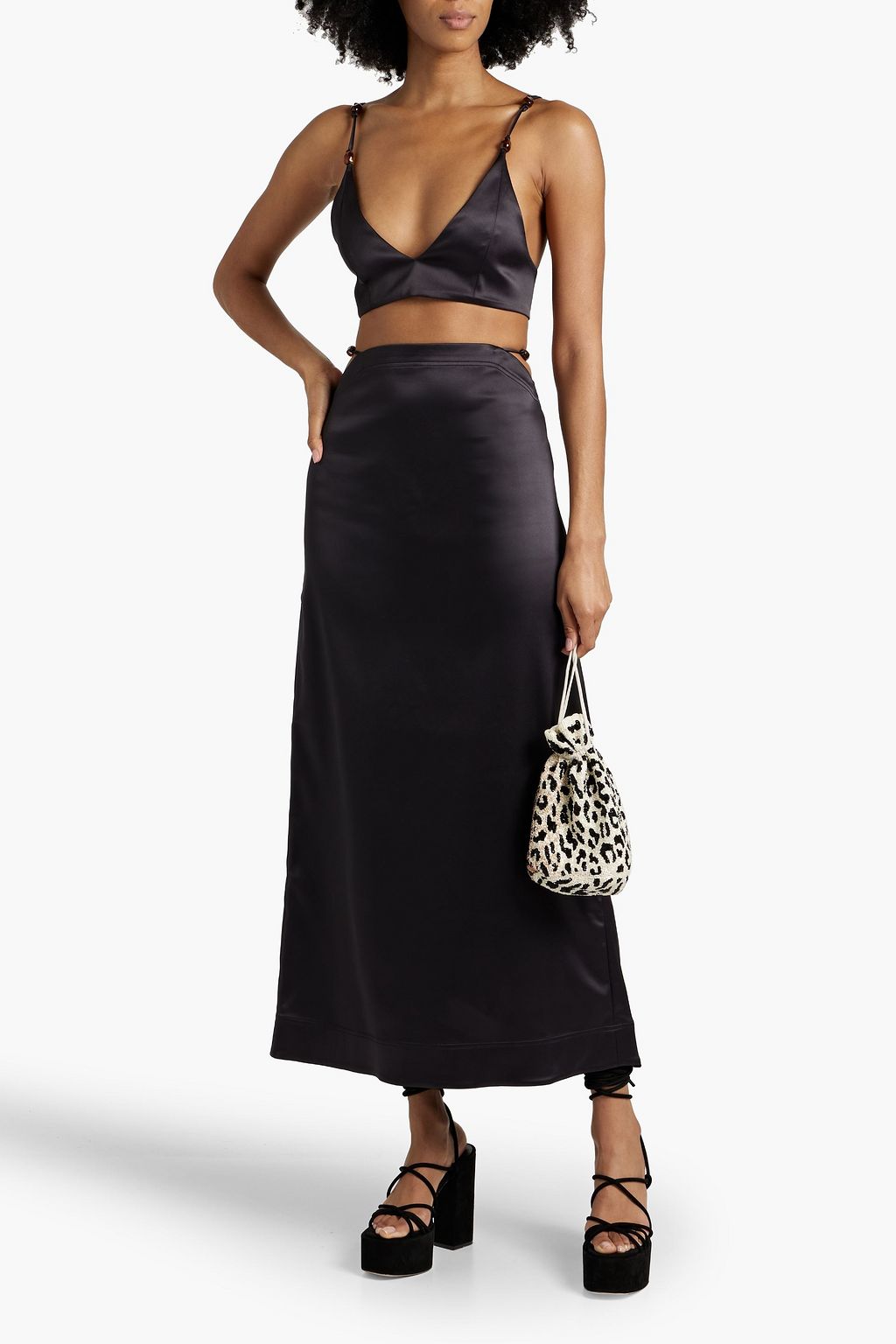 GANNI Bead-embellished shirred satin bra top