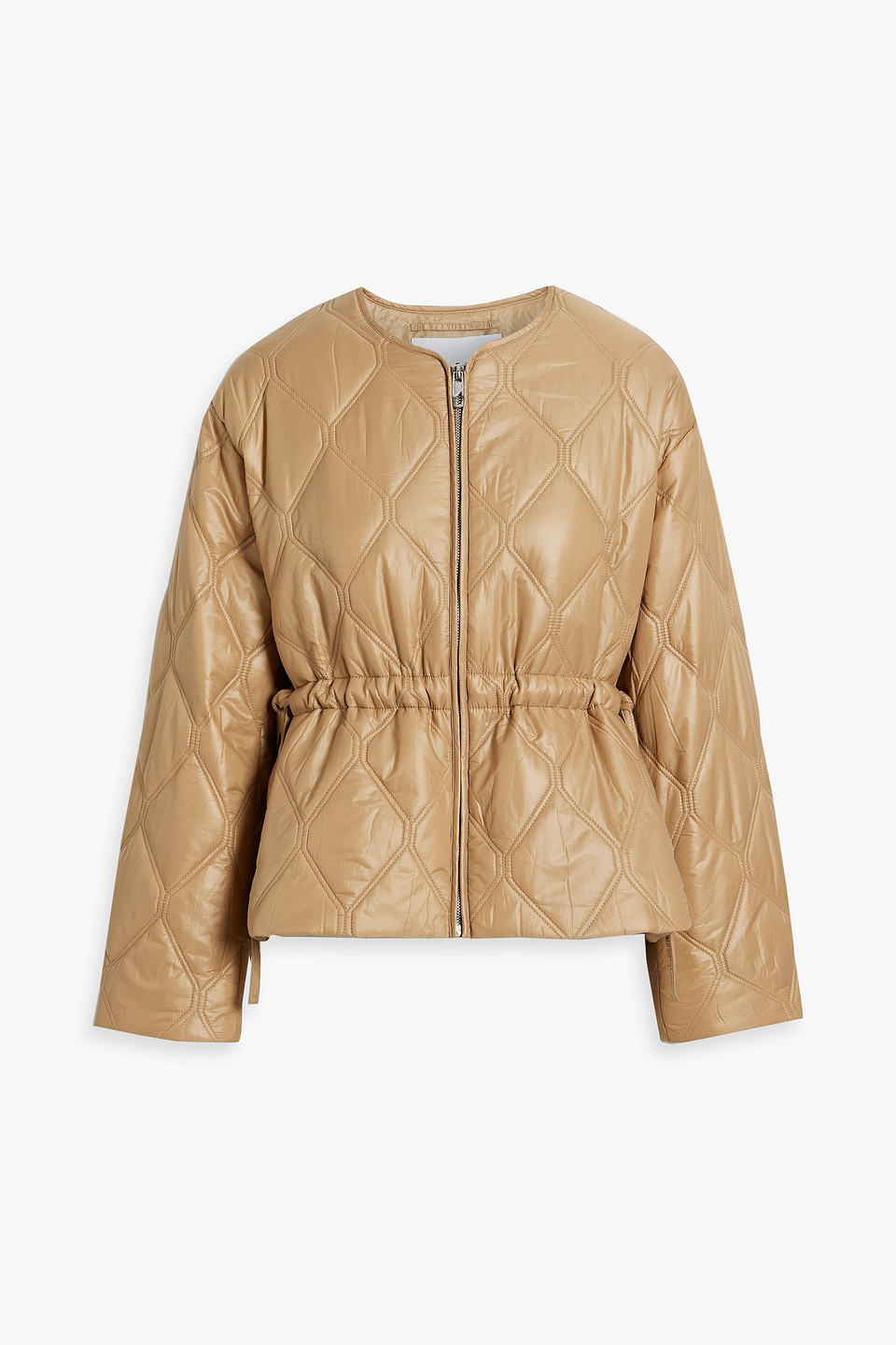 Ganni Shiny Quilted Puffer Jacket With Diamond Pattern In Beige