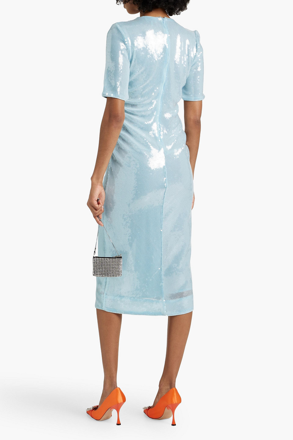 Shop Ganni Sequined Mesh Midi Dress In Sky Blue