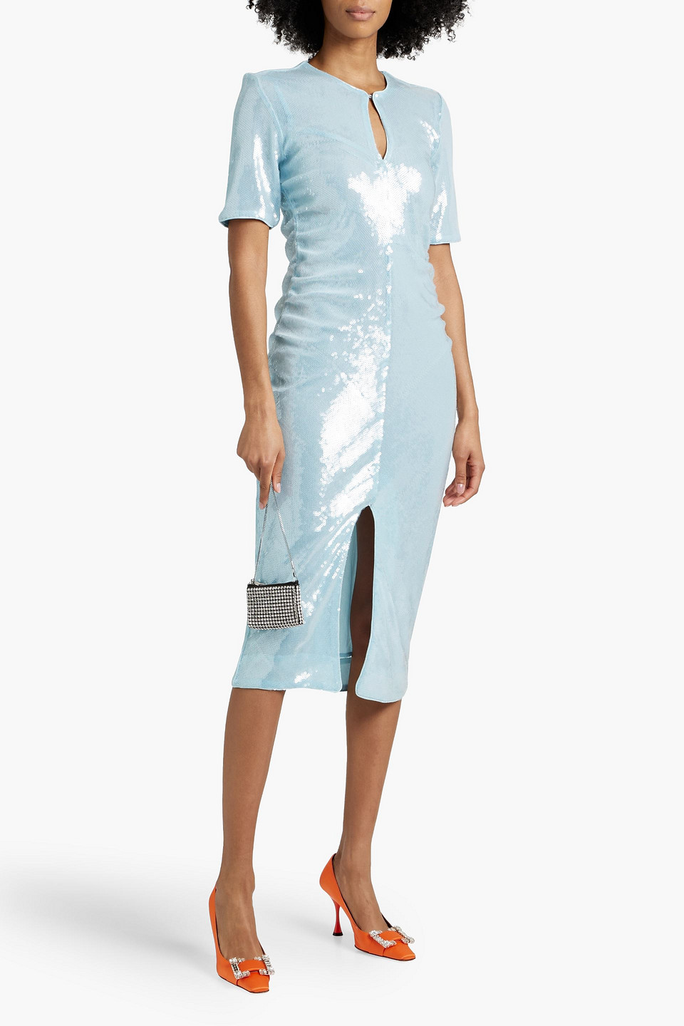 Shop Ganni Sequined Mesh Midi Dress In Sky Blue