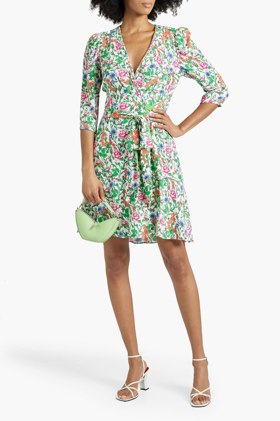 Shop Diane Von Furstenberg Charlene Floral-print Crepe Mini Wrap Dress In Green