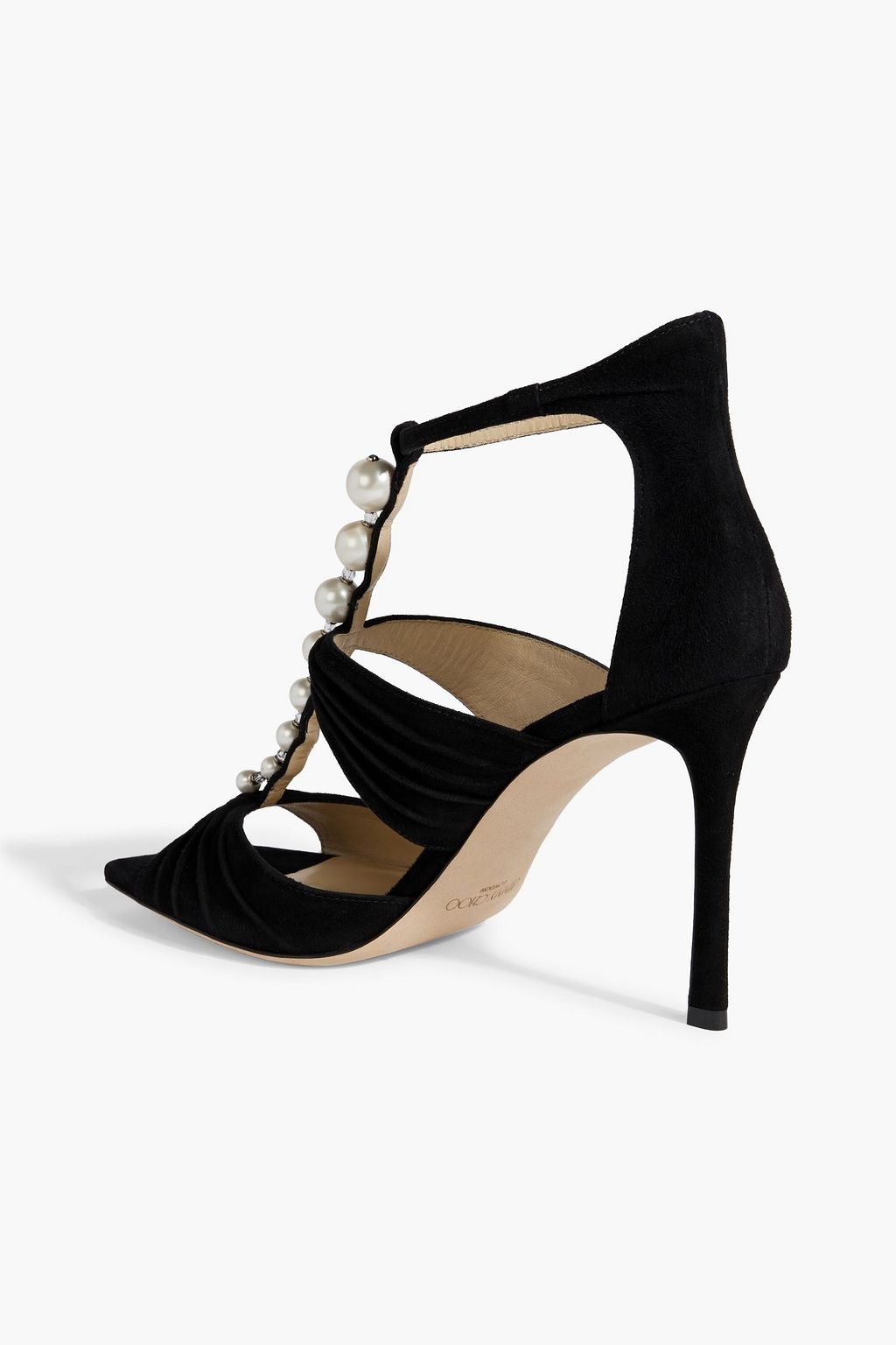 JIMMY CHOO Aura 95 embellished gathered suede sandals