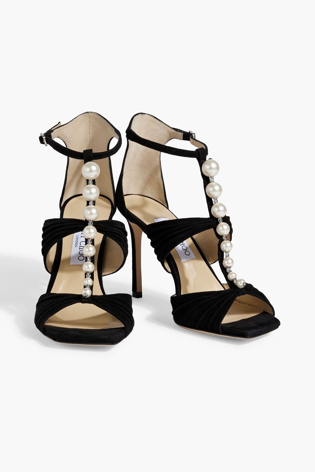 JIMMY CHOO Aura 95 embellished gathered suede sandals