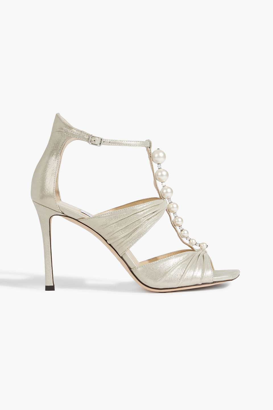 Jimmy Choo Aura 95 Faux-pearl Embellished Metallic Suede Sandals In Platinum