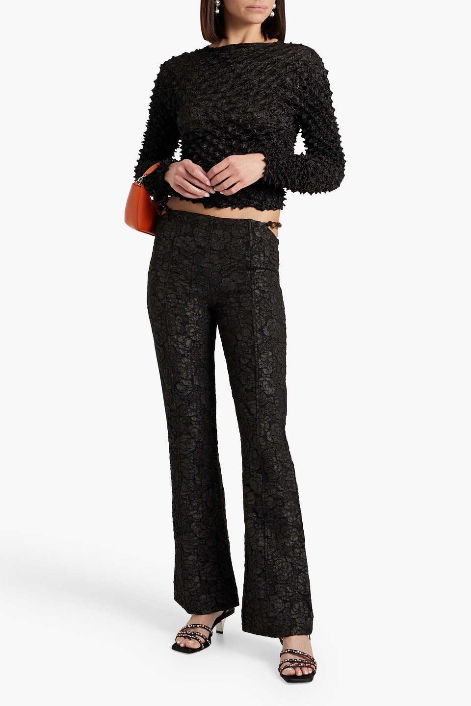 Shop Ganni Cutout Bead-embellished Cloqué Flared Pants In Black