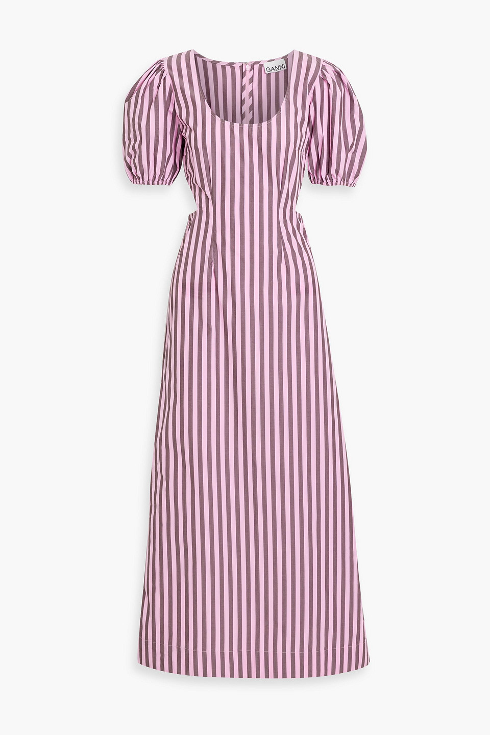 Shop Ganni Cutout Striped Cotton-poplin Maxi Dress In Bubblegum