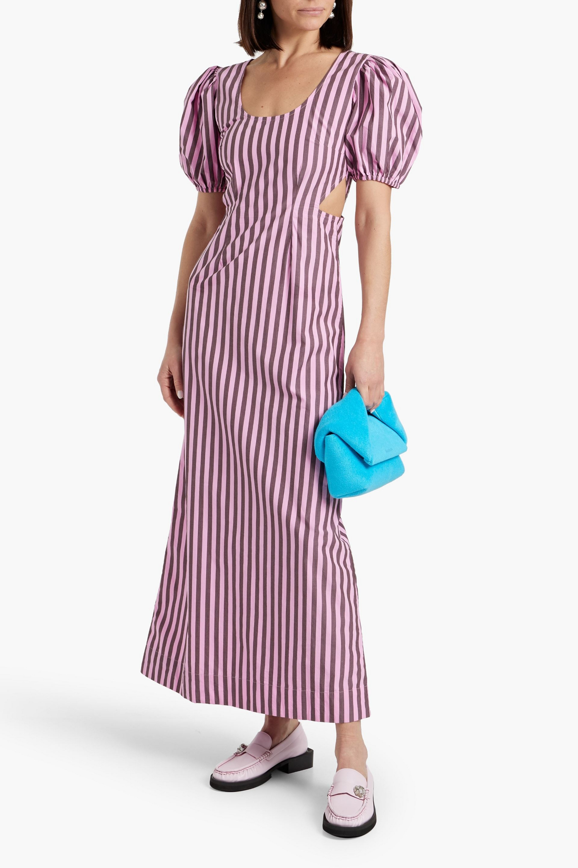 white christmas dresses GANNI Striped Shirtdress Blue Cotton Size 36 Long Sleeve Midi Dress NE –  Celebrity Owned main image 1