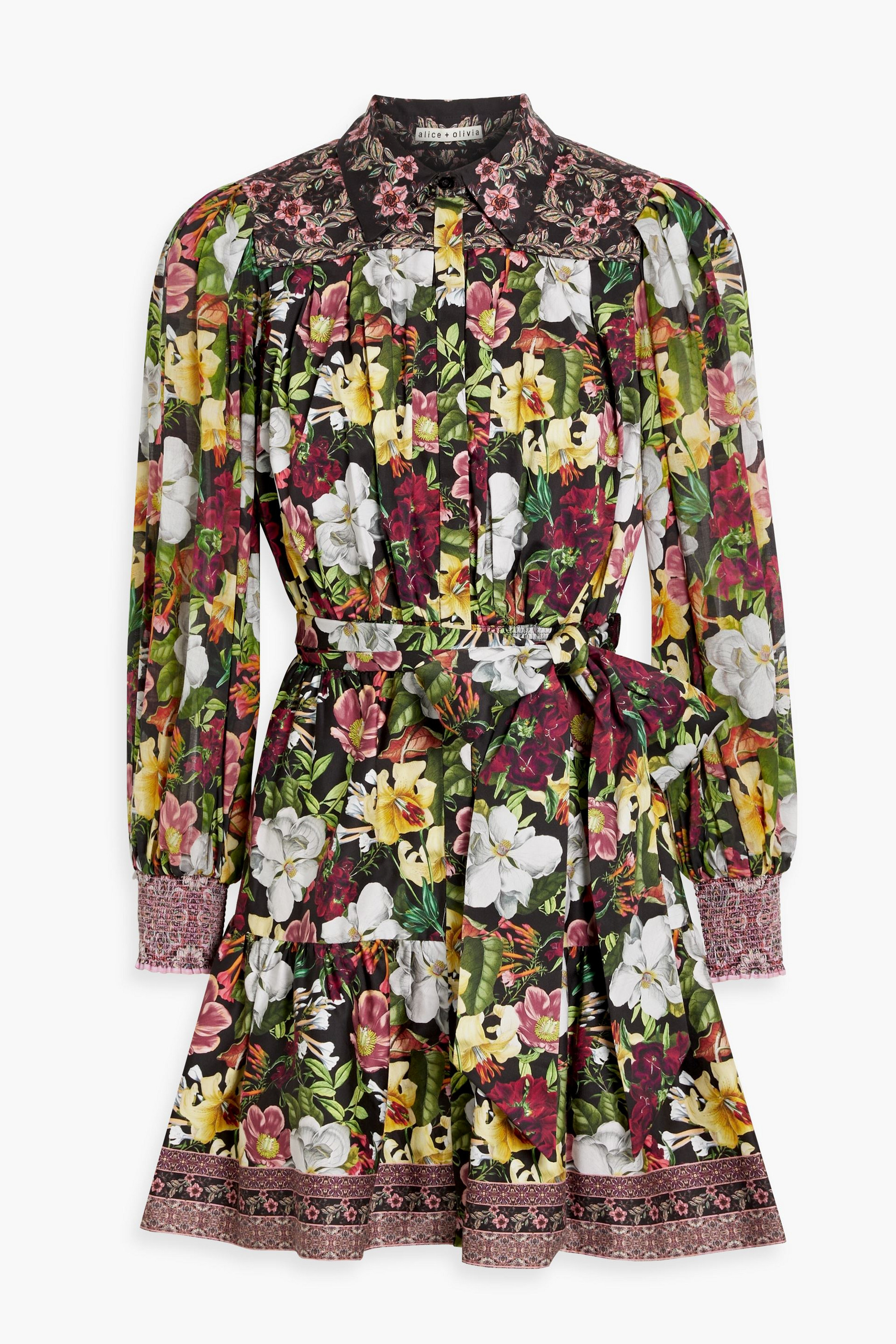 alice + olivia Tiffie shirred floral-print cotton-blend poplin mini shirt dress thumbnail