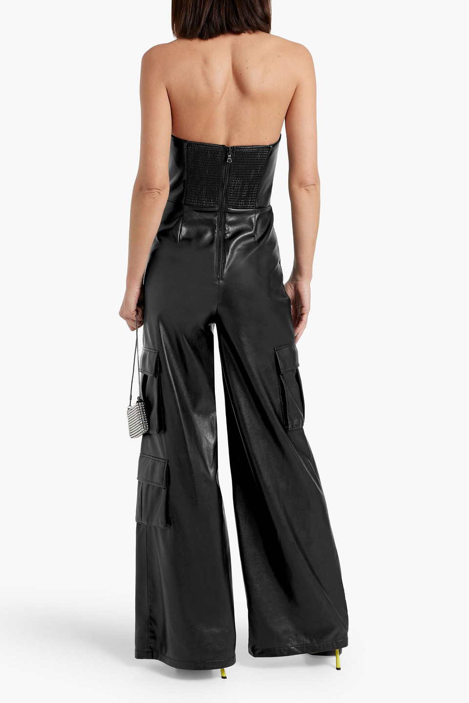 Shop Alice And Olivia Emelda Strapless Faux Leather Wide-leg Jumpsuit In Black