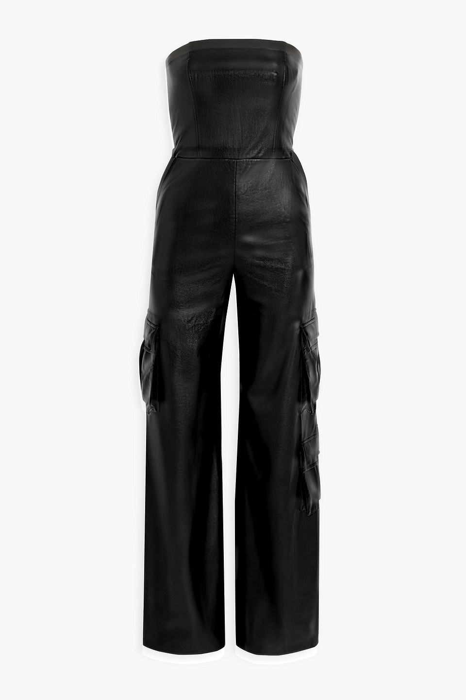 Shop Alice And Olivia Emelda Strapless Faux Leather Wide-leg Jumpsuit In Black