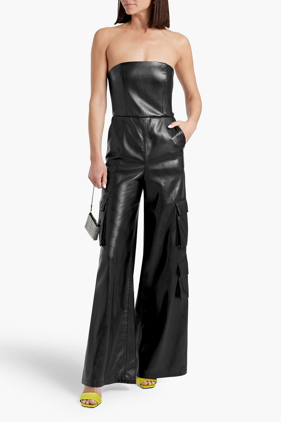 Shop Alice And Olivia Emelda Strapless Faux Leather Wide-leg Jumpsuit In Black