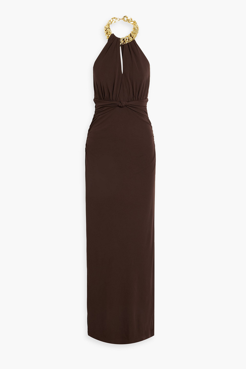 Rebecca Vallance Phoenix Ruched Jersey Halterneck Gown In Chocolate