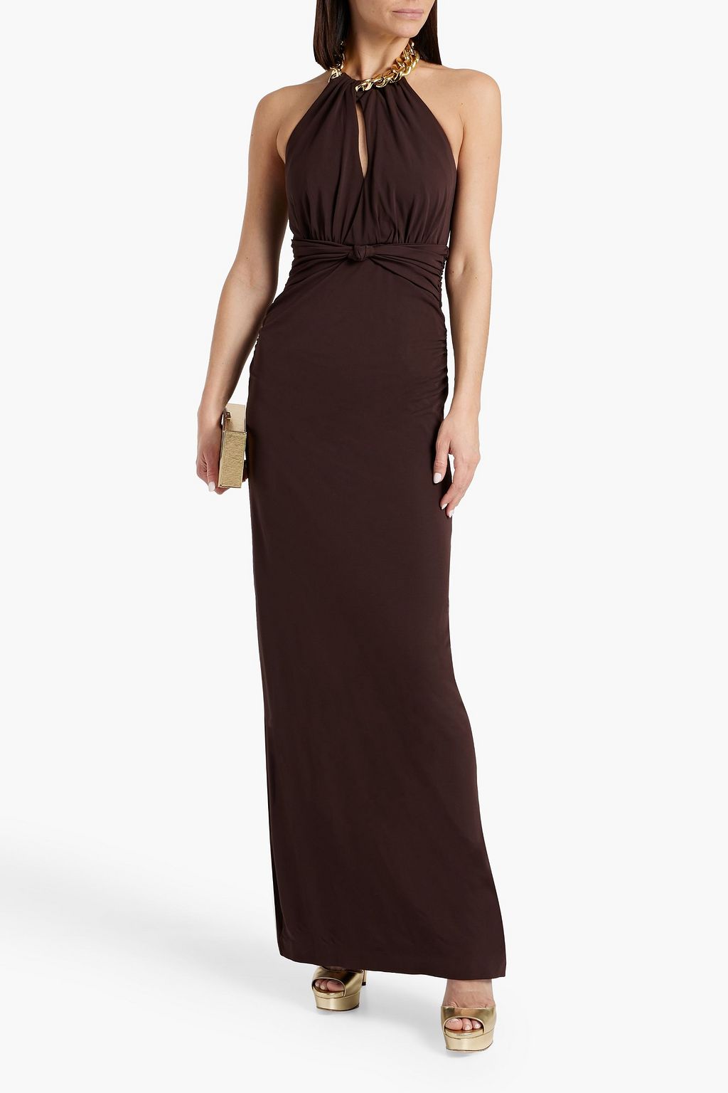 REBECCA VALLANCE Phoenix chain-embellished cutout ruched jersey gown