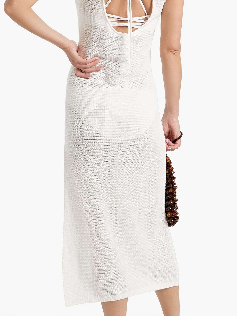crochet-knit linen midi dress