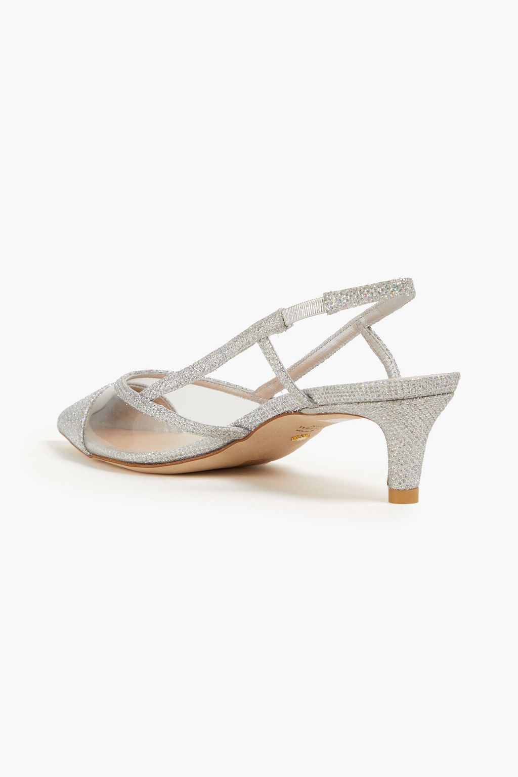 STUART WEITZMAN حذاء بامب مصنوع من قماش اللاميه ومادة PVC مزود بحزام خلفي ومزين بالغليتر