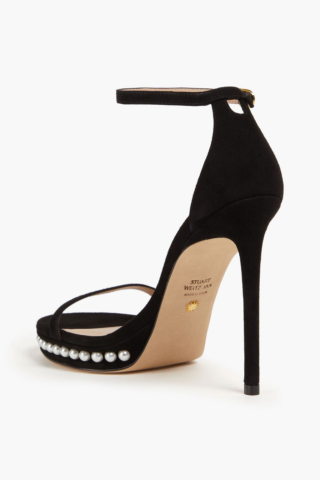 STUART WEITZMAN صندل مصنوع من جلد السويد ومزين باللؤلؤ الصناعي