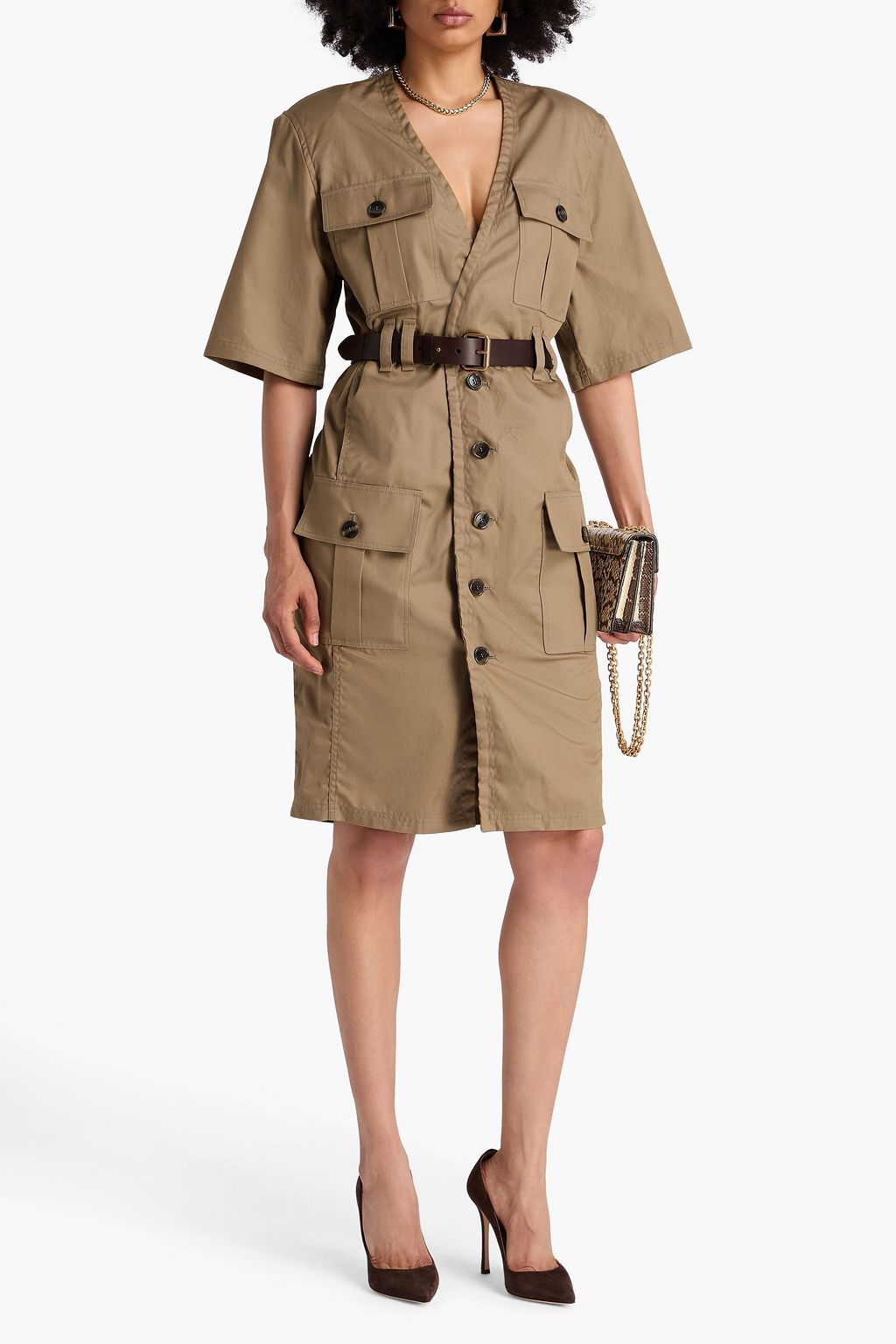 SAINT LAURENT Belted cotton-twill dress