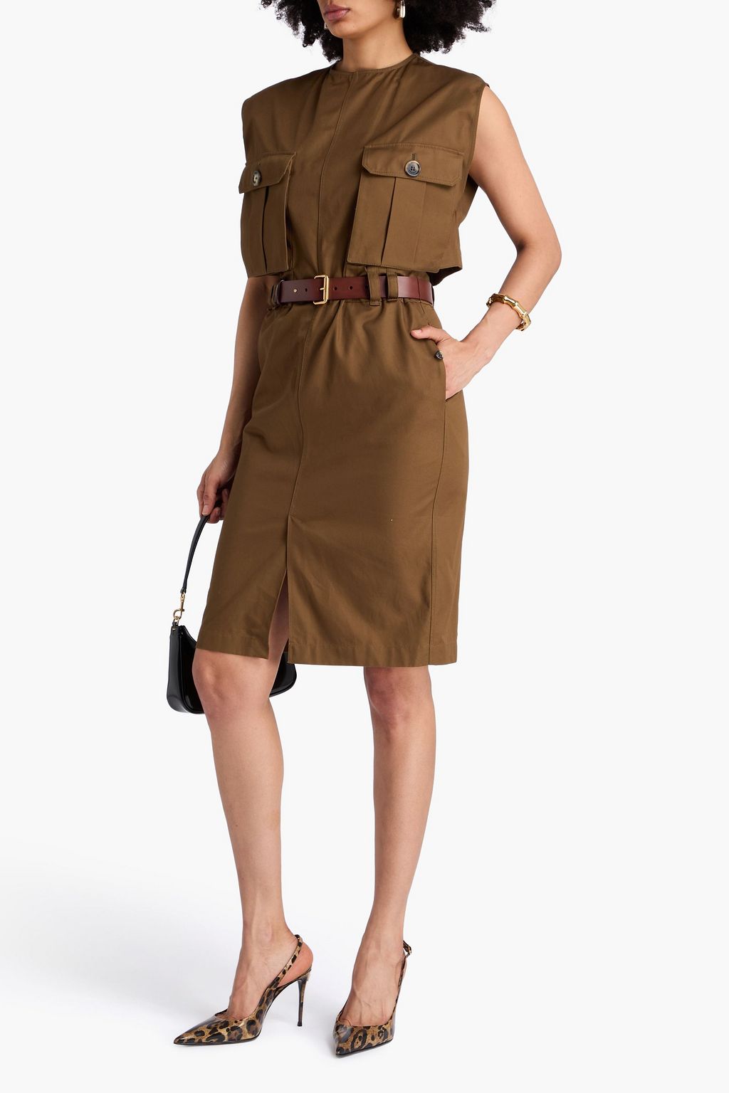 SAINT LAURENT Cutout belted cotton-twill dress