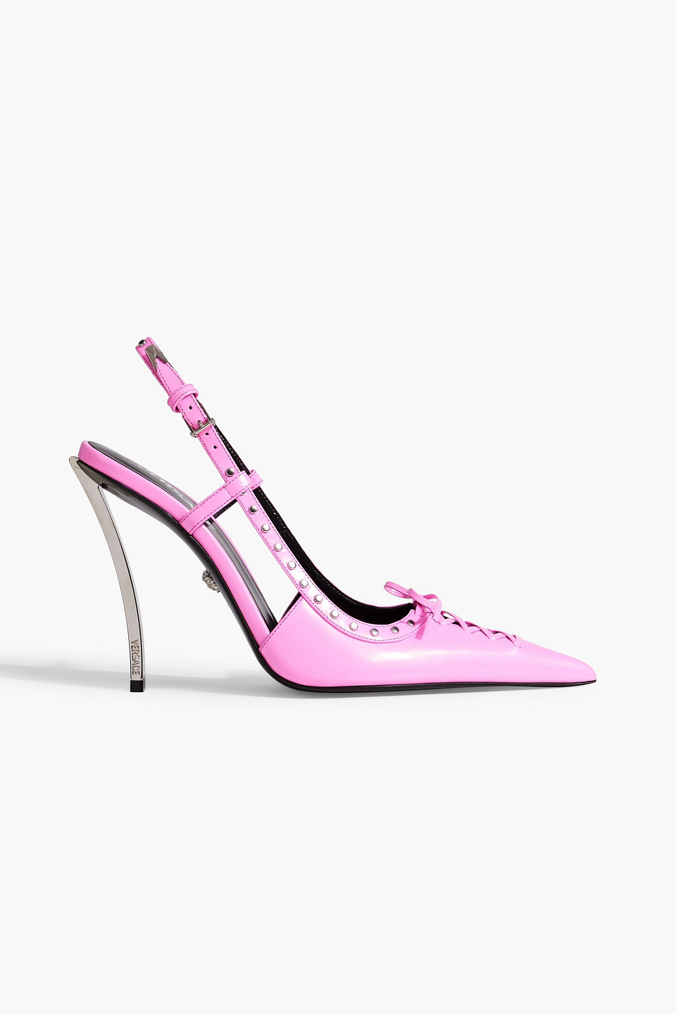 Shop Versace Laced Pin-point Leather Slingback Pumps In Pink