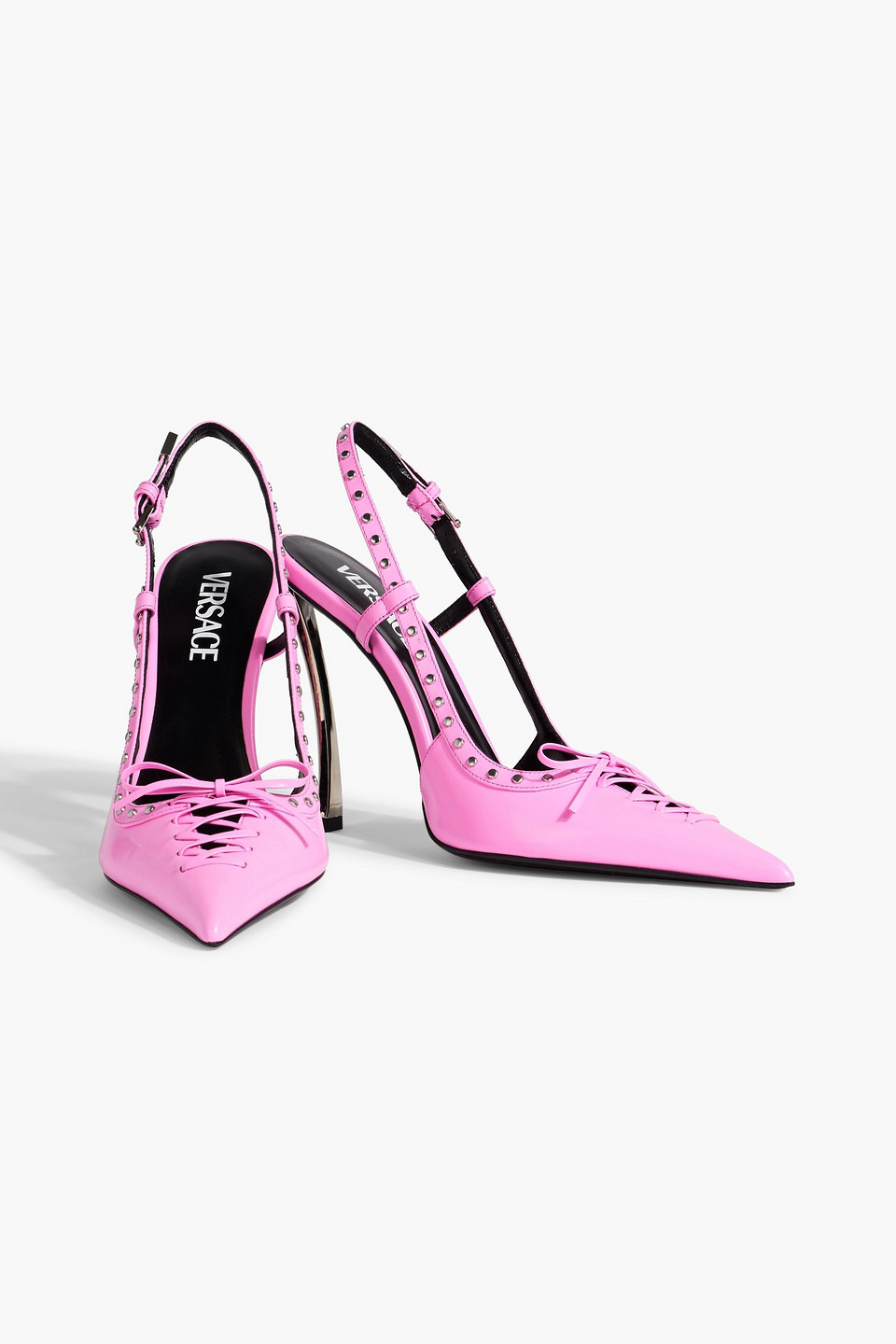 Shop Versace Laced Pin-point Leather Slingback Pumps In Pink