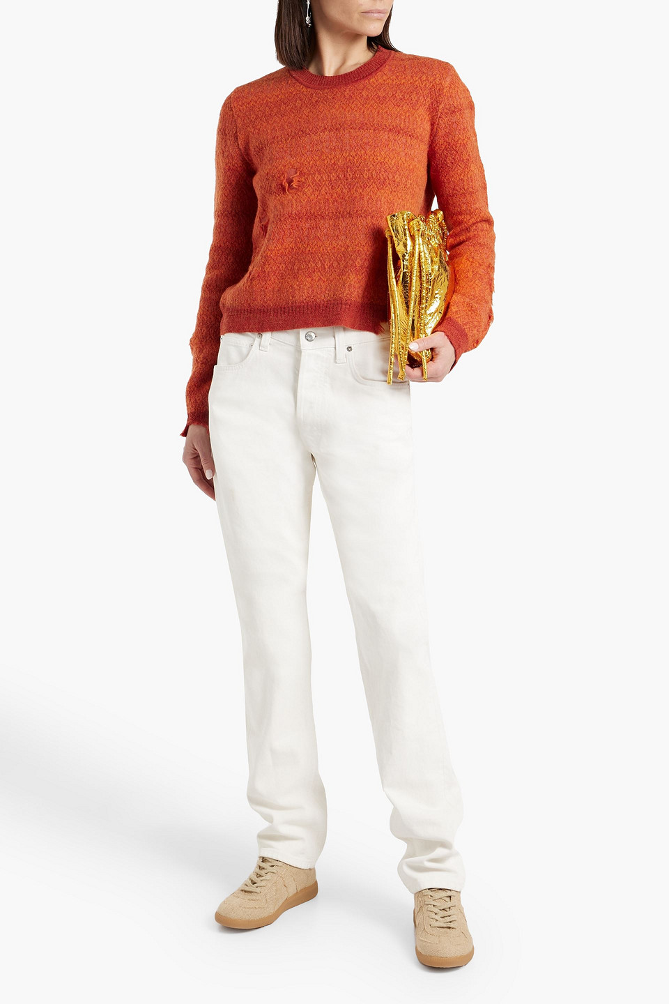 Shop Maison Margiela Distressed Jacquard-knit Wool Sweater In Orange